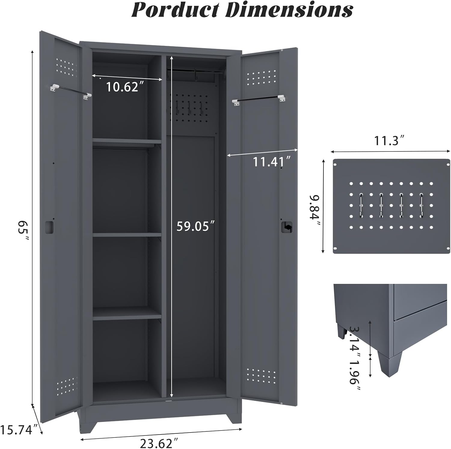 65' H Metal Storage Cabinet,Broom Closet Storage Cabinet with Adjustable Shelves,Locking Steel Cabinets with Pegboard and Hanging Rod,Utility Closet for Brooms and Mops,Grey