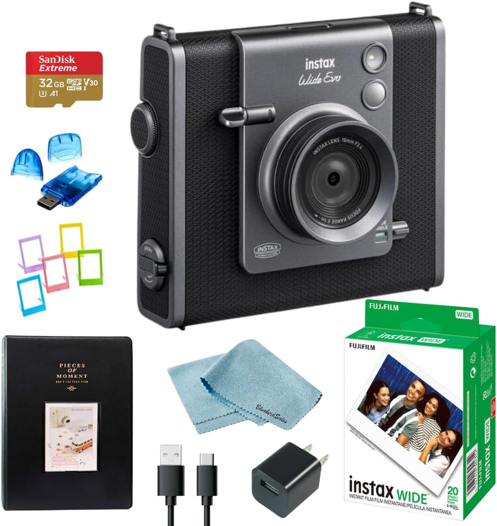 Fujifilm Instax Wide Evo Hybrid Instant Film Camera Bundle + Fujifilm Wide Film (20 Sheets), 32GB SanDisk microSD Card, Card Reader, Album & Frames, USB-C Cable, Wall Plug & BluebirdSales Cloth