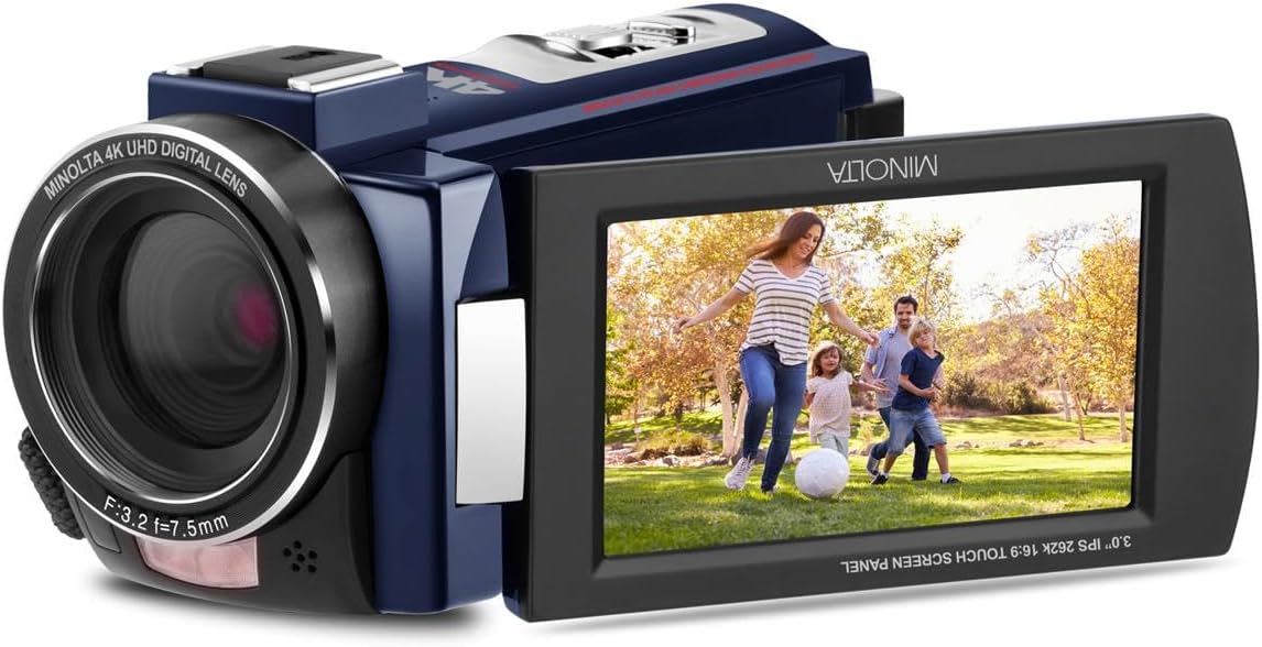 Minolta Camcorder - 4K Ultra HD, 30MP Photos, Night Vision with IR LEDs, 16X Zoom, Time-Lapse, Anti-Shake, 3' Touchscreen, HDMI USB Output, SD Slot, CMOS Sensor (Blue)
