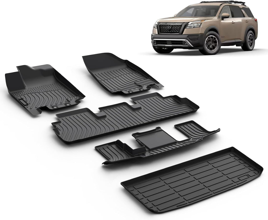 All Weather Car Floor Mats & Cargo Liner Set Fit for Nissan Pathfinder 7 Seat 2022 2023 2024 2025 2026 Floor Liners Trunk Liner Pathfinder Cargo Mat Accessories Black