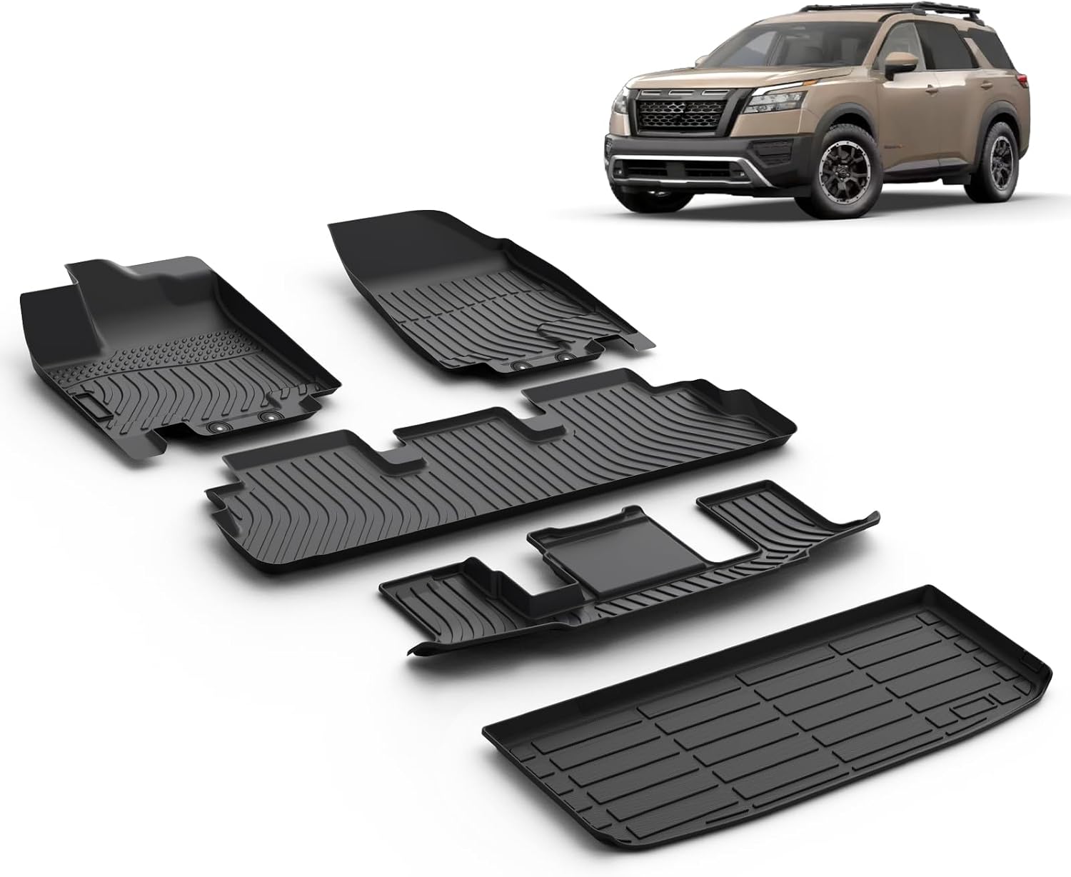 All Weather Car Floor Mats & Cargo Liner Set Fit for Nissan Pathfinder 7 Seat 2022 2023 2024 2025 2026 Floor Liners Trunk Liner Pathfinder Cargo Mat Accessories Black