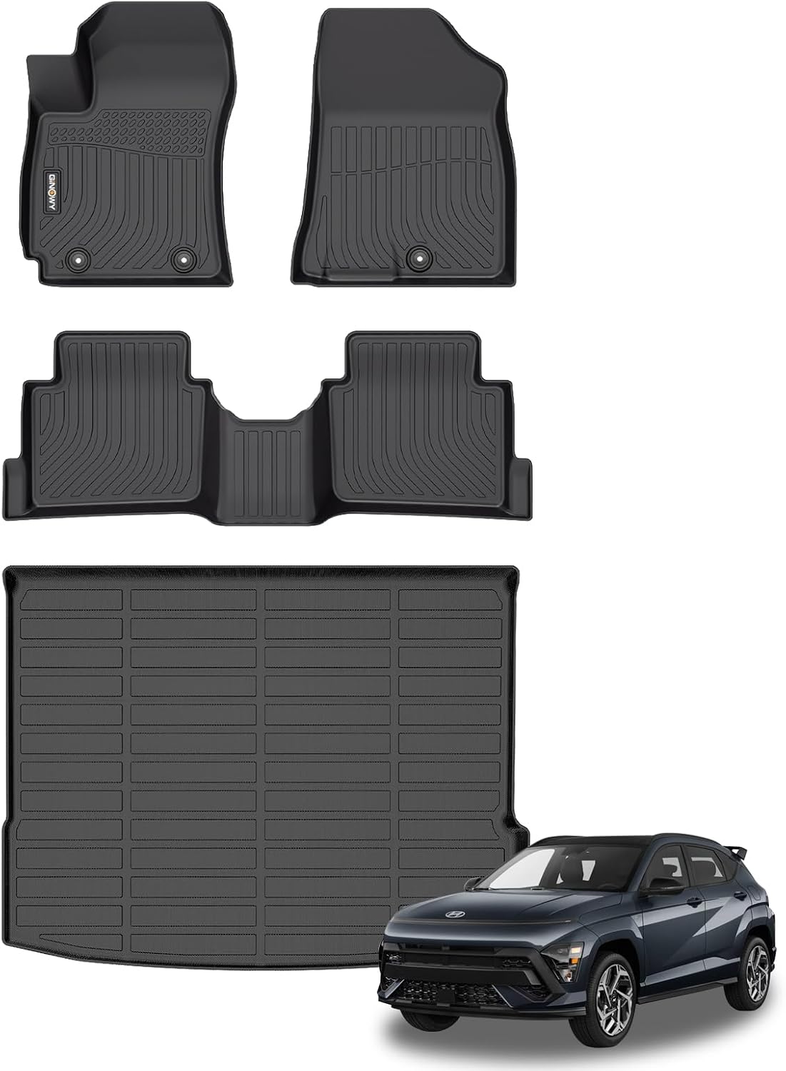 GINOWY-Floor Mats & Cargo Liner for Hyundai Kona 2024 2025 2026(Except EV Version), for SEL/SE/N Line/Limited, TPE All Weather Car Mats Rubber Liners Kona Accessories Trunk Mat