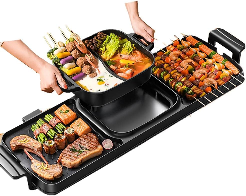 Electric Grill with Hot Pot 2and1 Indoor Korean BBQ Grill,2200W Multifunctional Smokeless BBQ Hot Pot Double Pot, Non-Stick Pan, for 5-10 People (Double Pot)