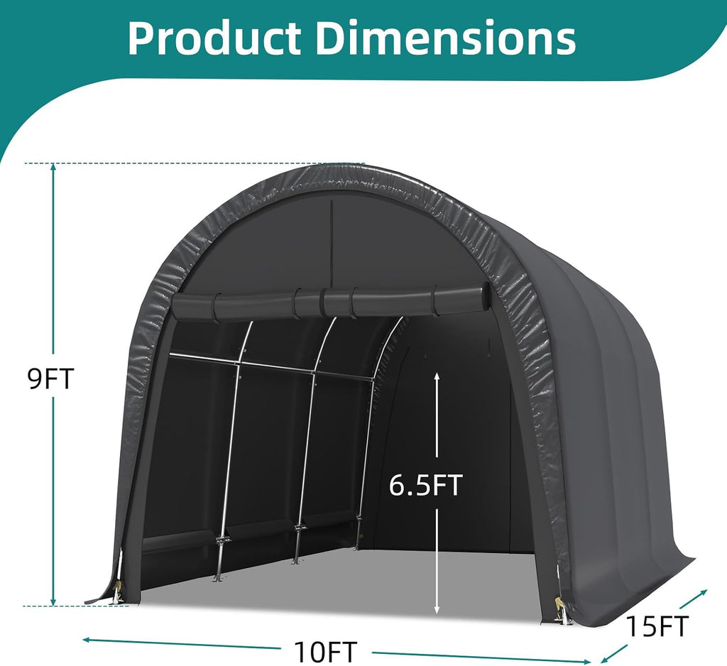 EROMMY Carport 10 x15 FT Heavy Duty, Portable Garage with All-Steel Metal Frame and Round Style Roof, Anti-Snow Car Canopy Outdoor Storage Shelter for Car, Truck, Boat