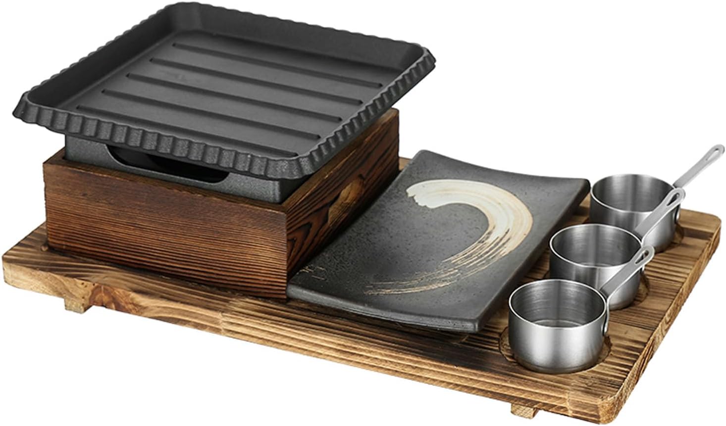 Japanese BBQ Grill Set, Portable Alcohol Barbecue Stove with Non-Stick Baking Pan, Dinner Plate, Seasoning Cups, and Wooden Base for Yakiniku, Yakitori,C