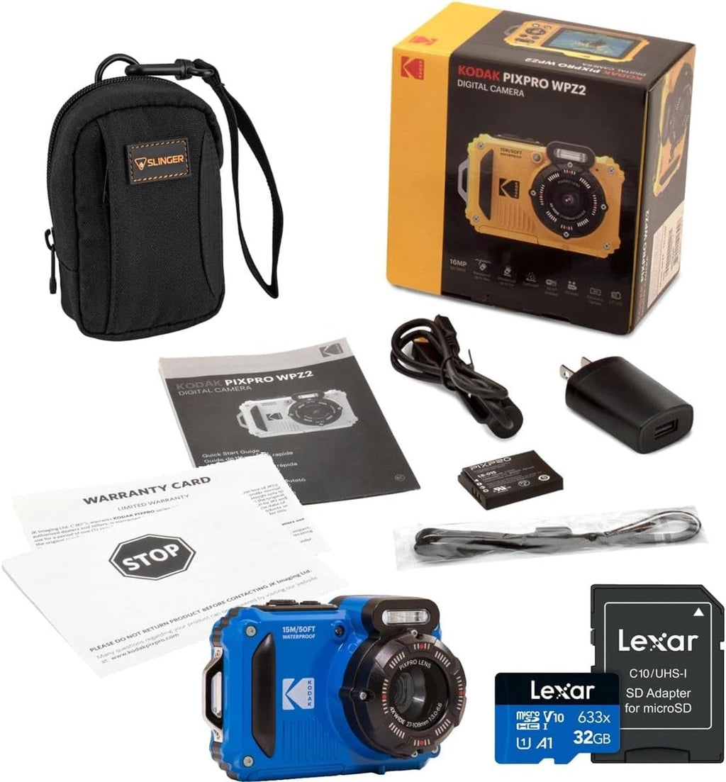KODAK PIXPRO WPZ2 Rugged Waterproof Shockproof Dustproof WiFi Digital Camera 16MP 4X Optical Zoom 1080P Full HD Video Vlogging Camera 2.7' LCD Bundle with 32GB Memory Card and Camera Bag (Blue)