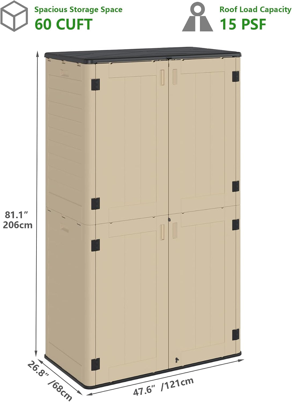 60 Cu.Ft Vertical Outdoor Storage Shed, Weatherproof Outdoor Tall Cabinet, Lockable Resin Shed with Double-Wall Panels and Floor for Garden, Garage, Patio(Shelves Not Included)