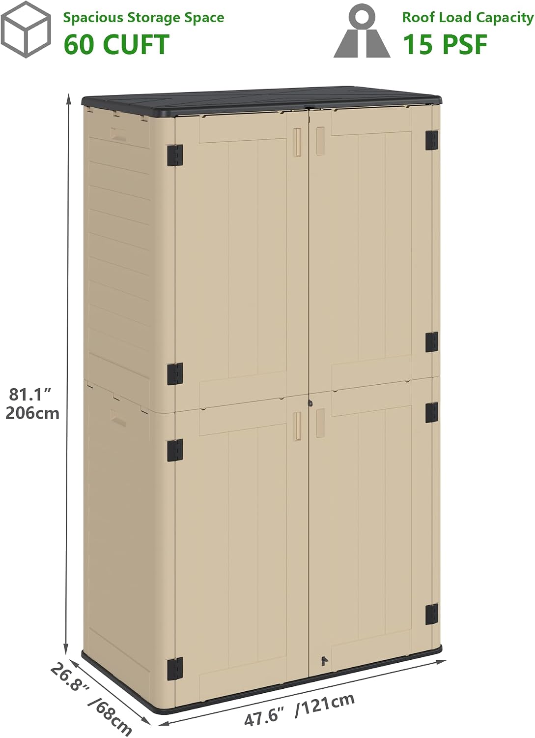 60 Cu.Ft Vertical Outdoor Storage Shed, Weatherproof Outdoor Tall Cabinet, Lockable Resin Shed with Double-Wall Panels and Floor for Garden, Garage, Patio(Shelves Not Included)