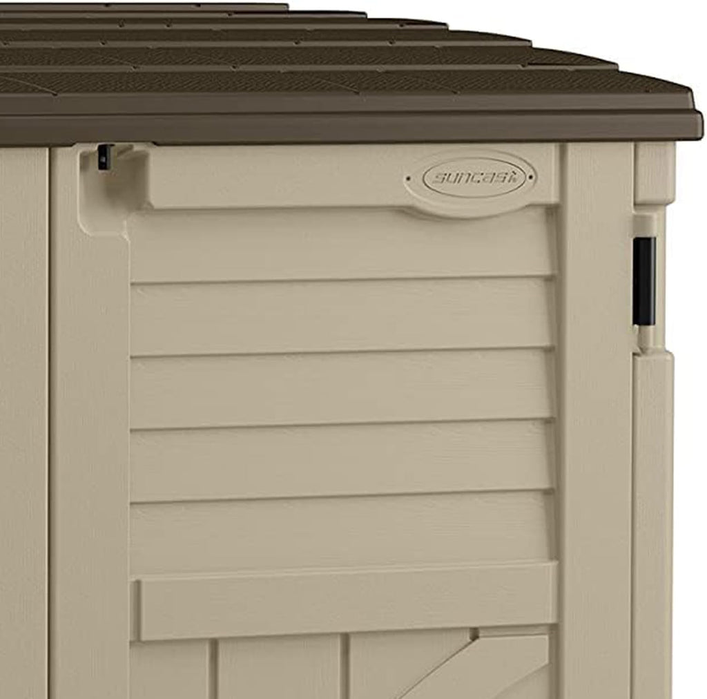 Suncast Horizontal Shed, Compact Outdoor Storage System, 34 Cu. Ft. Capacity, Sand & Slate - Lockable Multi-Wall Resin Organizer for Garbage Cans, Garden Tools, Bins, Bikes and Yard Equipment