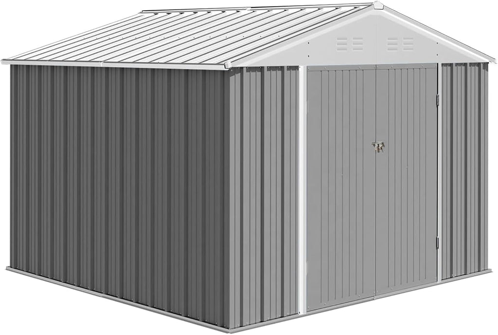 GarveeLife 7.5 x 8.5 ft Outdoor Storage Shed with Updated Frame Structure & Lockable Door, Waterproof Practical Garden Patio Lawn Poolside Metal Tool Shed Designed for Organization & Storage, Gray
