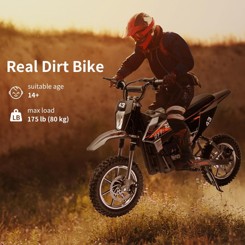 36V Kids Ride On Dirt Bike,15.5MPH Fast Speed Electric Battery-Powered Off-Road Motorcycle Max Load 175 Lbs,Led Light,Leather Seat,Disc Brake,Air-Filled Tires (Black, Brushless Motor)