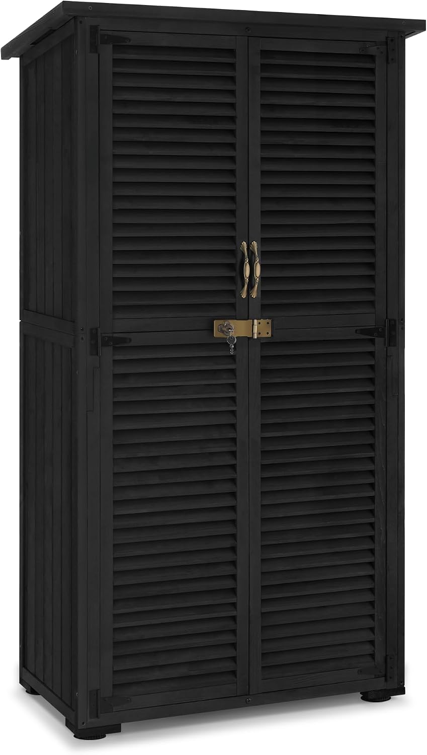 MCombo Outdoor Storage Cabinet, Wooden Storage Shed with Latch, Outside Garden Tool Shed with 2 Doors for Patio Yard Lawn, 0808 (Black, Medium)