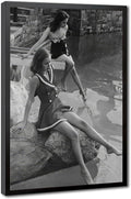 UXCBIA Young Woman, Paris, France, 1950s, Retro Women's Fashion Swimsuit, Black And White Poster Canvas Poster Bedroom Decor Sports Landscape Office Room Decor Gift Black Frame 24x36in(60x90cm)