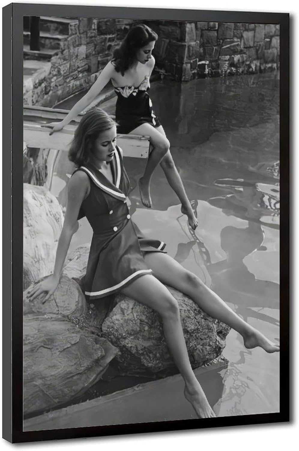 UXCBIA Young Woman, Paris, France, 1950s, Retro Women's Fashion Swimsuit, Black And White Poster Canvas Poster Bedroom Decor Sports Landscape Office Room Decor Gift Black Frame 24x36in(60x90cm)