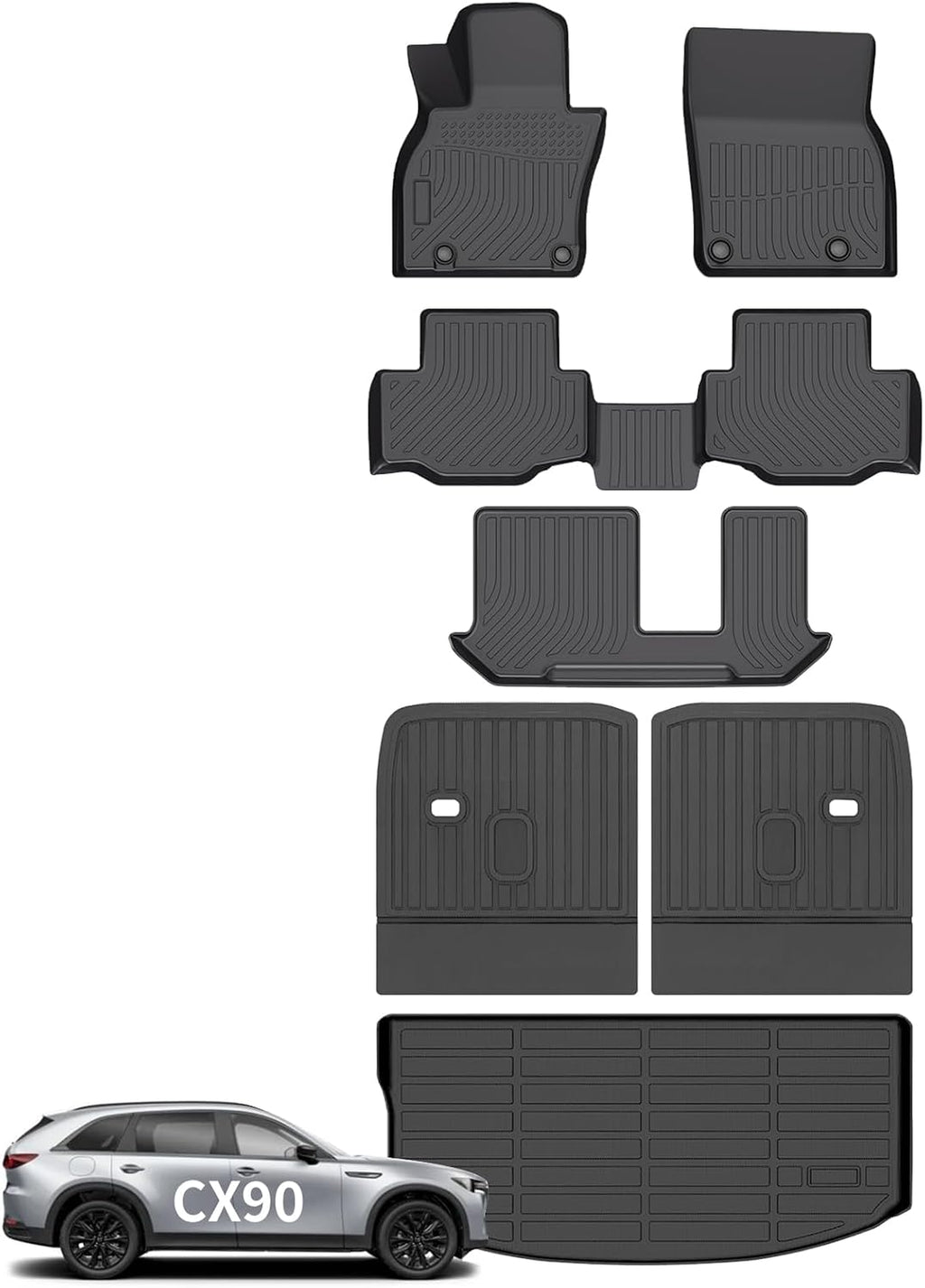 Wayhigh® Floor Mats & Backseat Cargo Liner for Mazda CX90 & CX-90 PHEV 2024 2025 2026 7 Passenger 2nd Row with Bench Seat (50/50 Velcro Tape Fixed Backmats) TPE 3 Rows Waterproof Car Mat