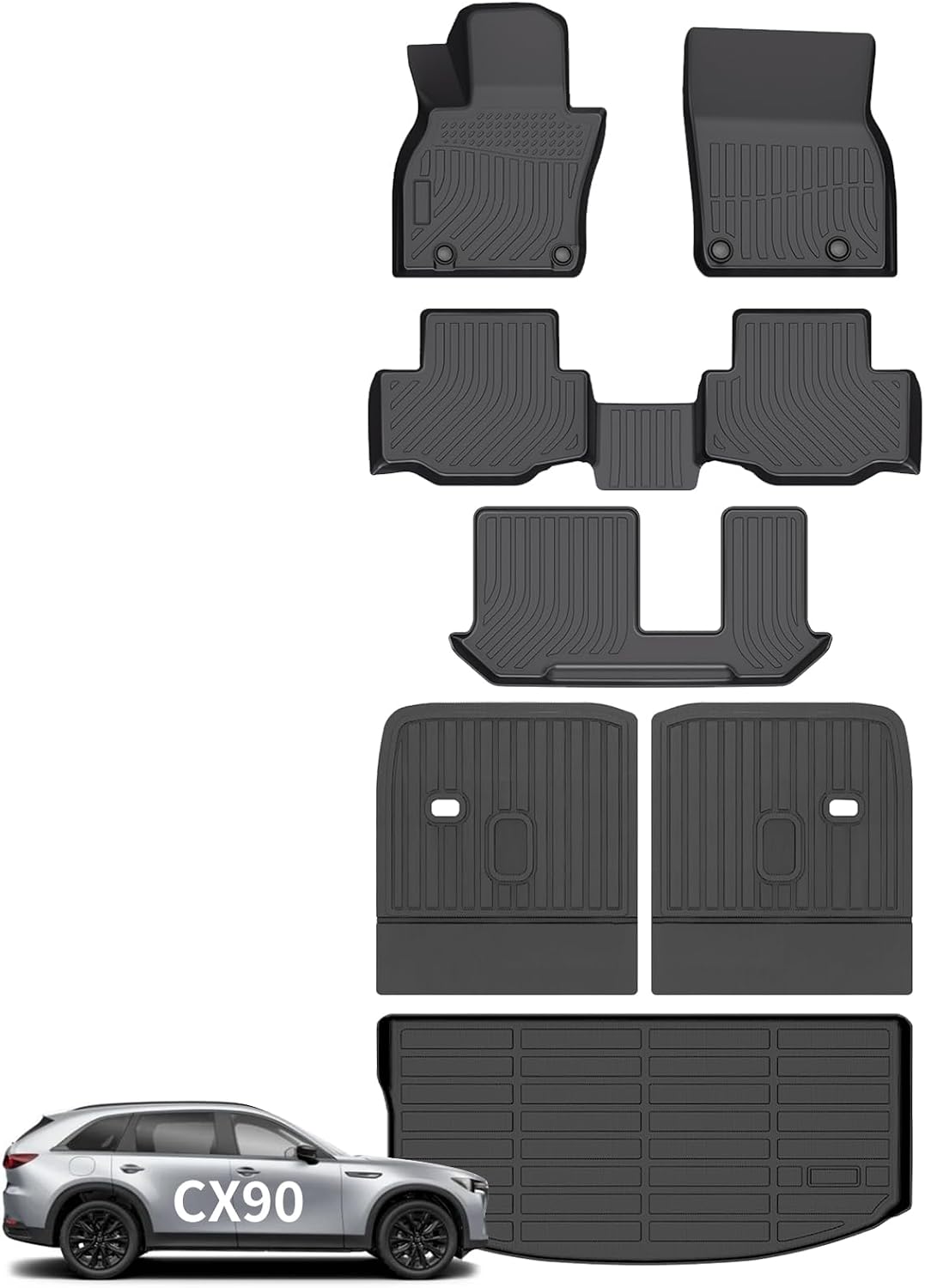 Wayhigh® Floor Mats & Backseat Cargo Liner for Mazda CX90 & CX-90 PHEV 2024 2025 2026 7 Passenger 2nd Row with Bench Seat (50/50 Velcro Tape Fixed Backmats) TPE 3 Rows Waterproof Car Mat
