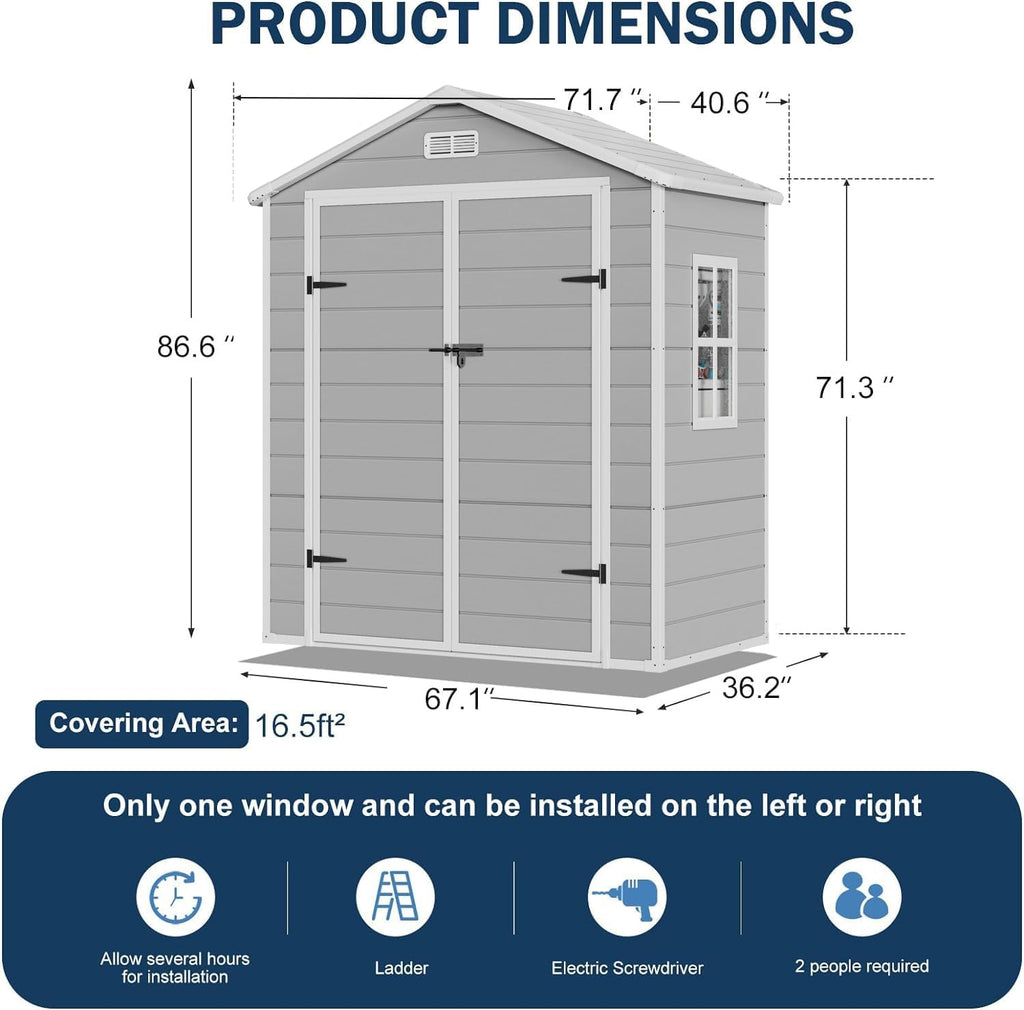 CDCASA 6x3 FT Resin Storage Shed, Waterproof Outdoor Shed with Floor & Window & Lockable Door Included, Outside Plastic Tool Sheds for Garden, Patio, Backyard, Light Gray
