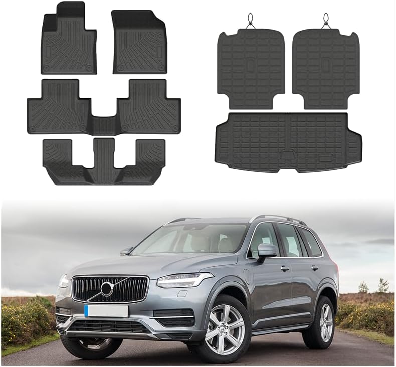 Mixsuper Floor Mat & Cargo Liner for Volvo XC90 7 Seat 2016-2026(Only for PHEV & Hybrid),All Weather TPE Rubber Floor Liners Protection for XC90 Accessories,Full Set Anti-Slip Car Mats,Black