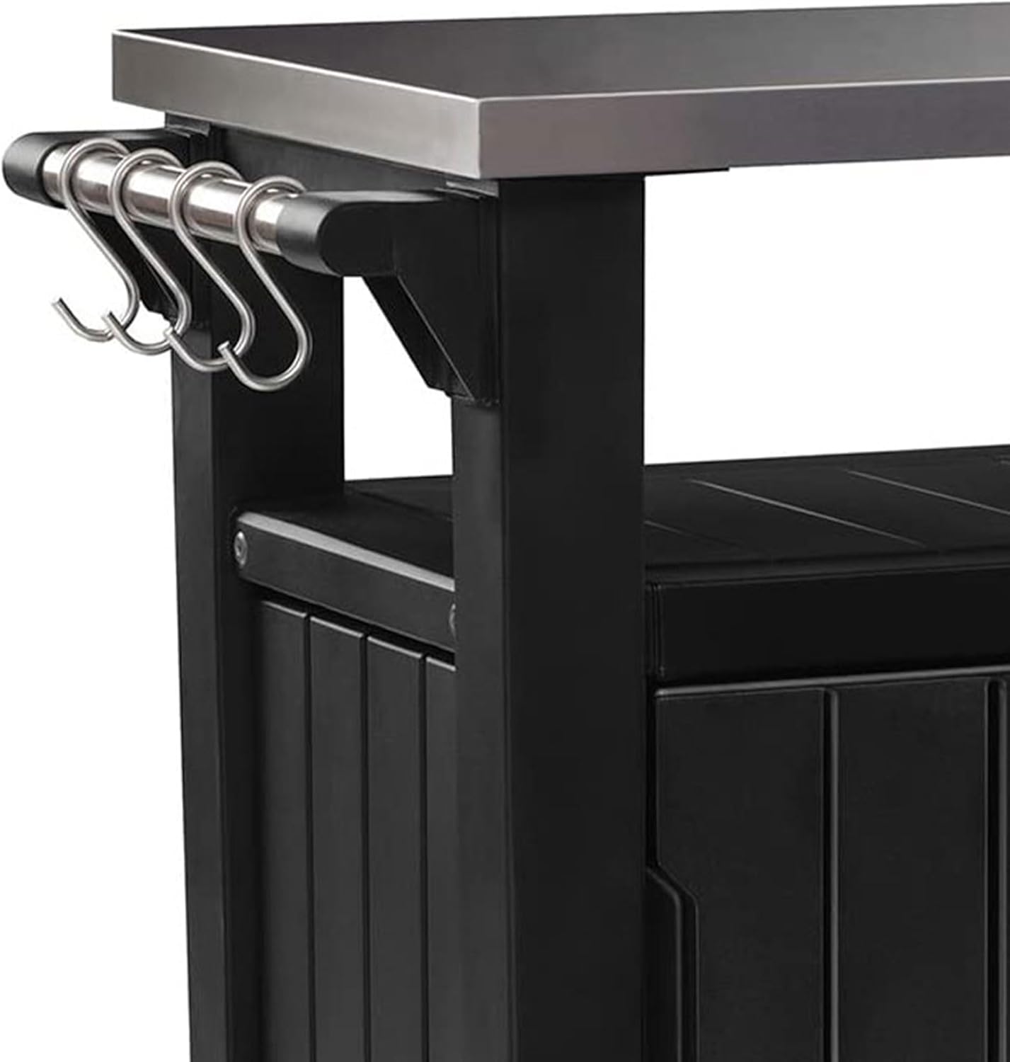Keter Unity Portable Outdoor Table and Storage Cabinet with Hooks for Grill Accessories-Stainless Steel Top for Patio Kitchen Island or Bar Cart