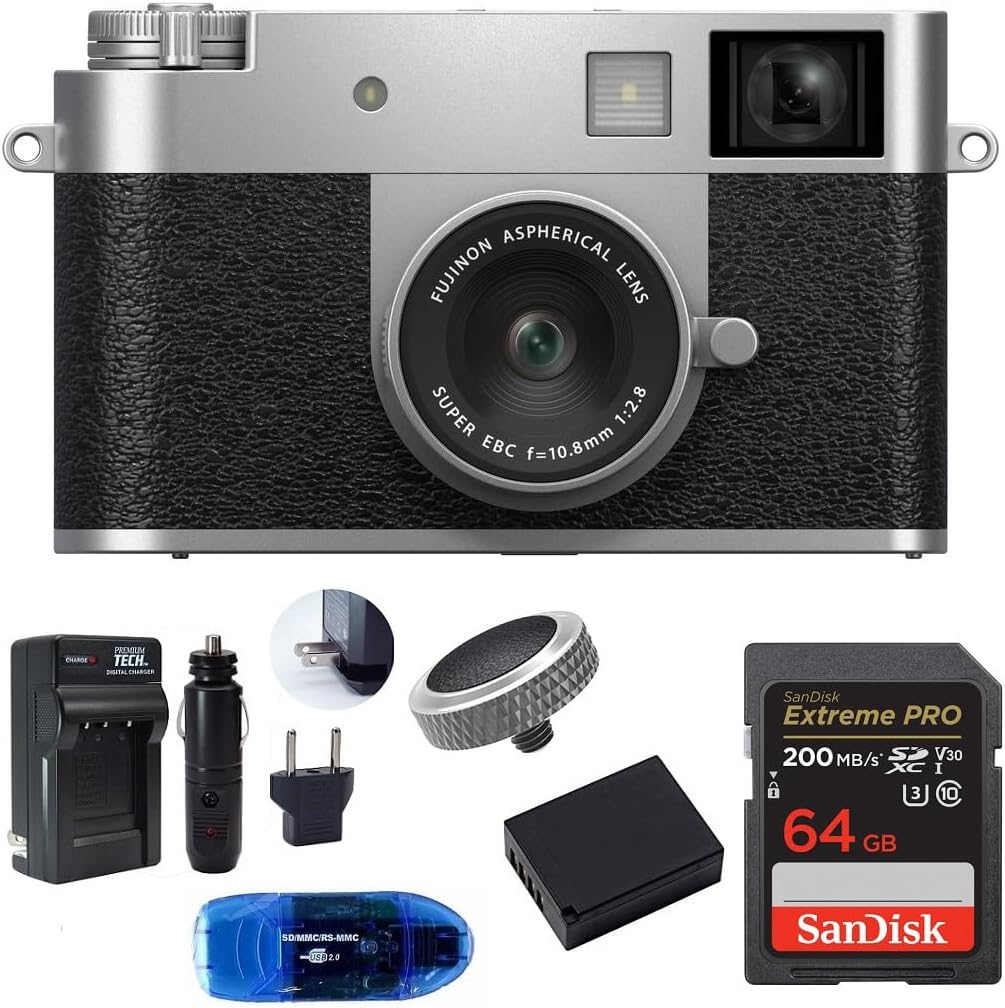 FUJIFILM X Half Digital Camera Bundle, Includes: SanDisk 64GB Extreme PRO SDXC Memory Card, Spare Battery and More (6 Items) (Silver)