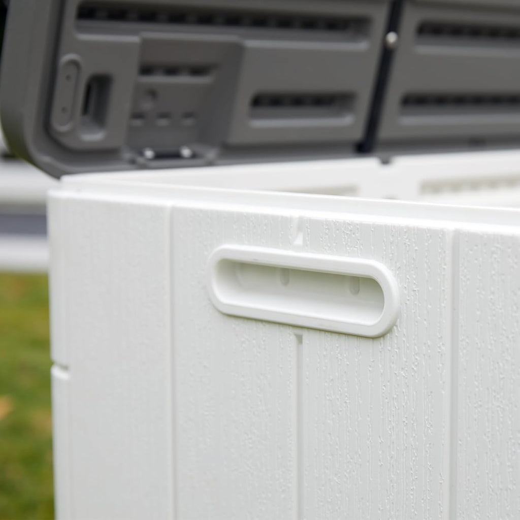 Mrosaa 110 Gallon Deck Box Waterproof,Double-Wall Resin Outdoor Storage Boxes, Deck Storage for boat slip storage,Cushions, Pool Float, Garden Tools,Patio Furniture, Lockable (OFF-WHITE)