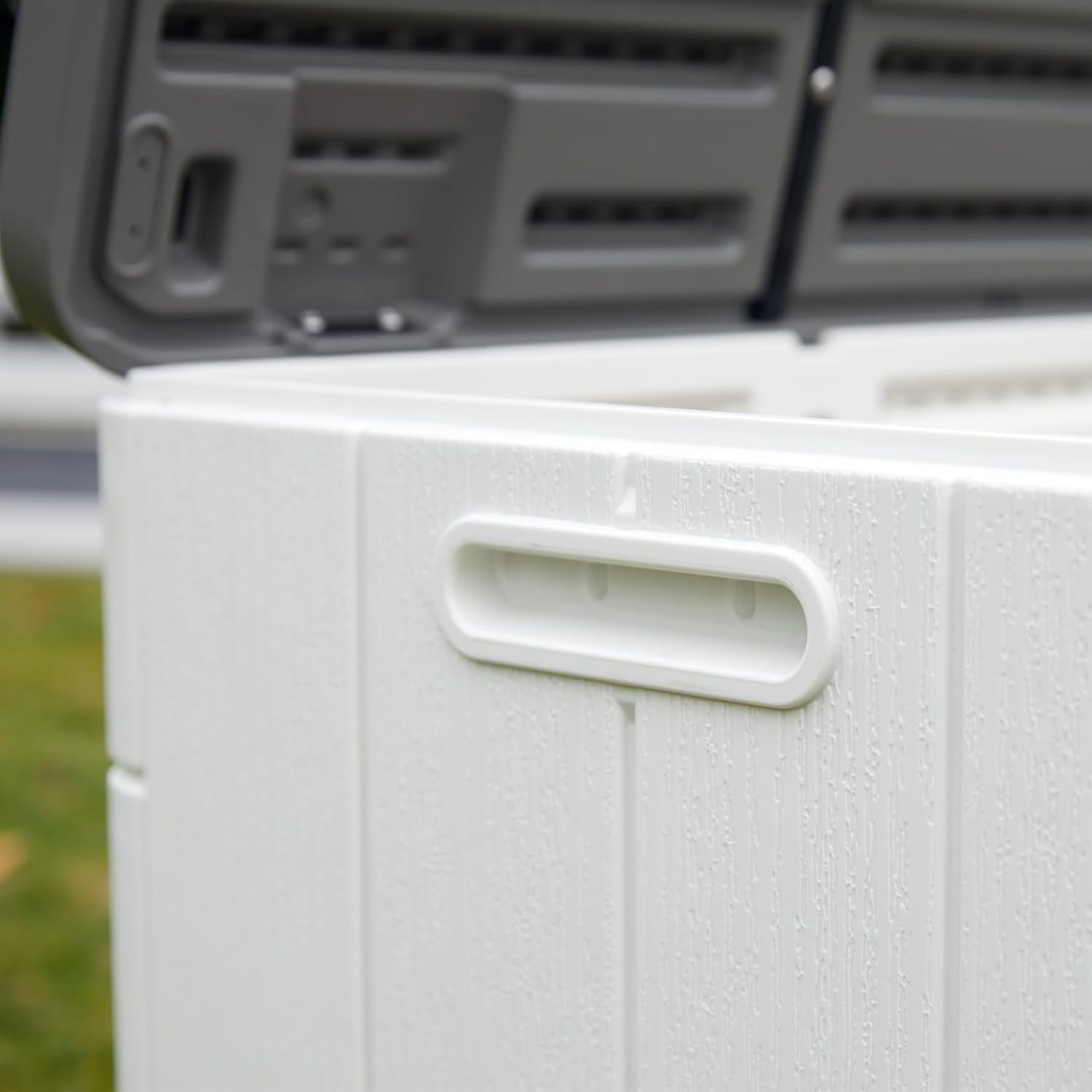 Mrosaa 110 Gallon Deck Box Waterproof,Double-Wall Resin Outdoor Storage Boxes, Deck Storage for boat slip storage,Cushions, Pool Float, Garden Tools,Patio Furniture, Lockable (OFF-WHITE)
