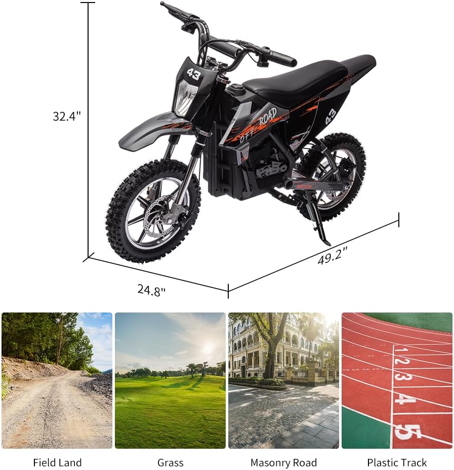 36V Kids Ride On Dirt Bike,15.5MPH Fast Speed Electric Battery-Powered Off-Road Motorcycle Max Load 175 Lbs,Led Light,Leather Seat,Disc Brake,Air-Filled Tires (Black, Brushless Motor)