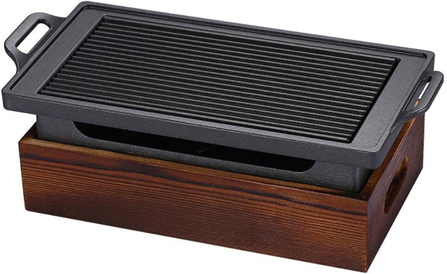 BBQ Barbeque Barbecue Grill,BBQ,Korean Non-Stick Baking Tray Alcohol Barbecue Grill,Holding Stove,Wooden Base,Indoor and Outdoor (Size : 28cm15cm)