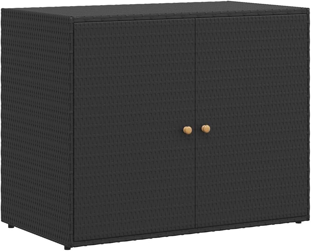 vidaXL Garden Storage Cabinet, Outdoor Tool Chest, Black Poly Rattan with Solid Acacia Wood Door Knobs, Powder-Coated Steel Frame, Weather-Resistant Design, 39.4'x21.9'x31.5'