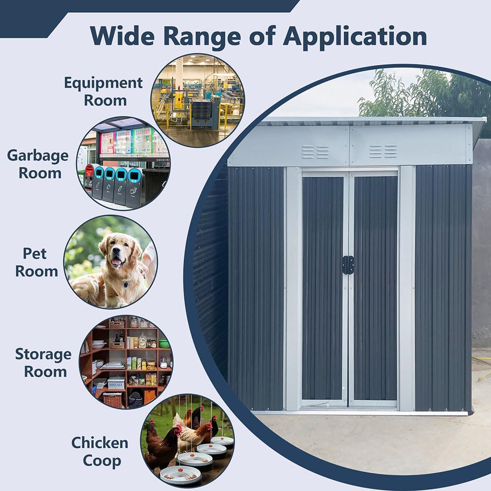 5' x 3' Outdoor Metal Storage Shed Outdoor Shed Galvanized Steel Garden Shed with Sliding Door and Window for Ventilation Storage Sheds House for Backyard Garden.（Grey）