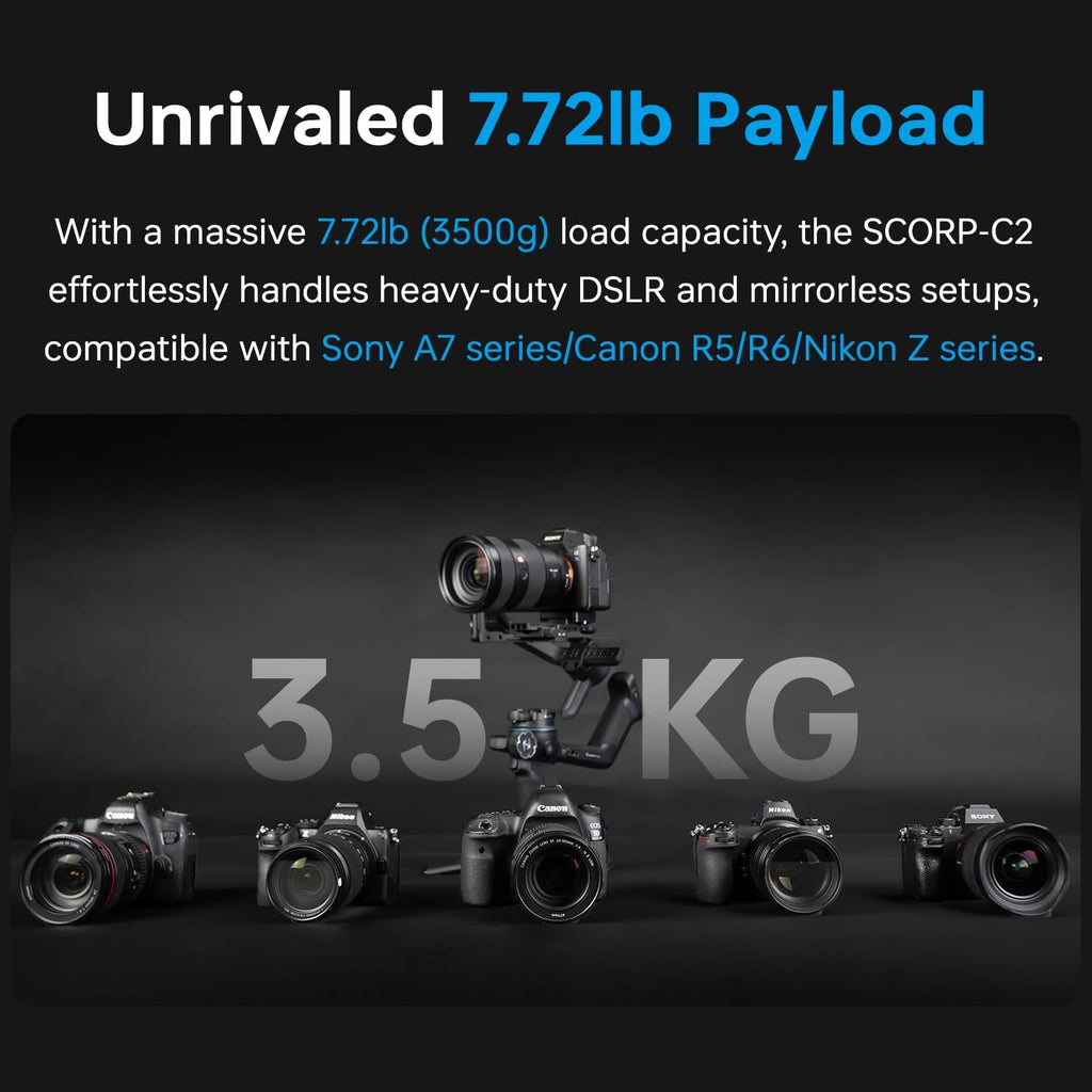 FeiyuTech SCORP-C2 Camera Gimbal Stabilizer, 3-Axis Professional Video Stabilizer with Built-in AI Tracking, 7.72lb Payload for DSLR & Mirrorless Sony A7IV Canon R5 Nikon, Native Vertical Shooting