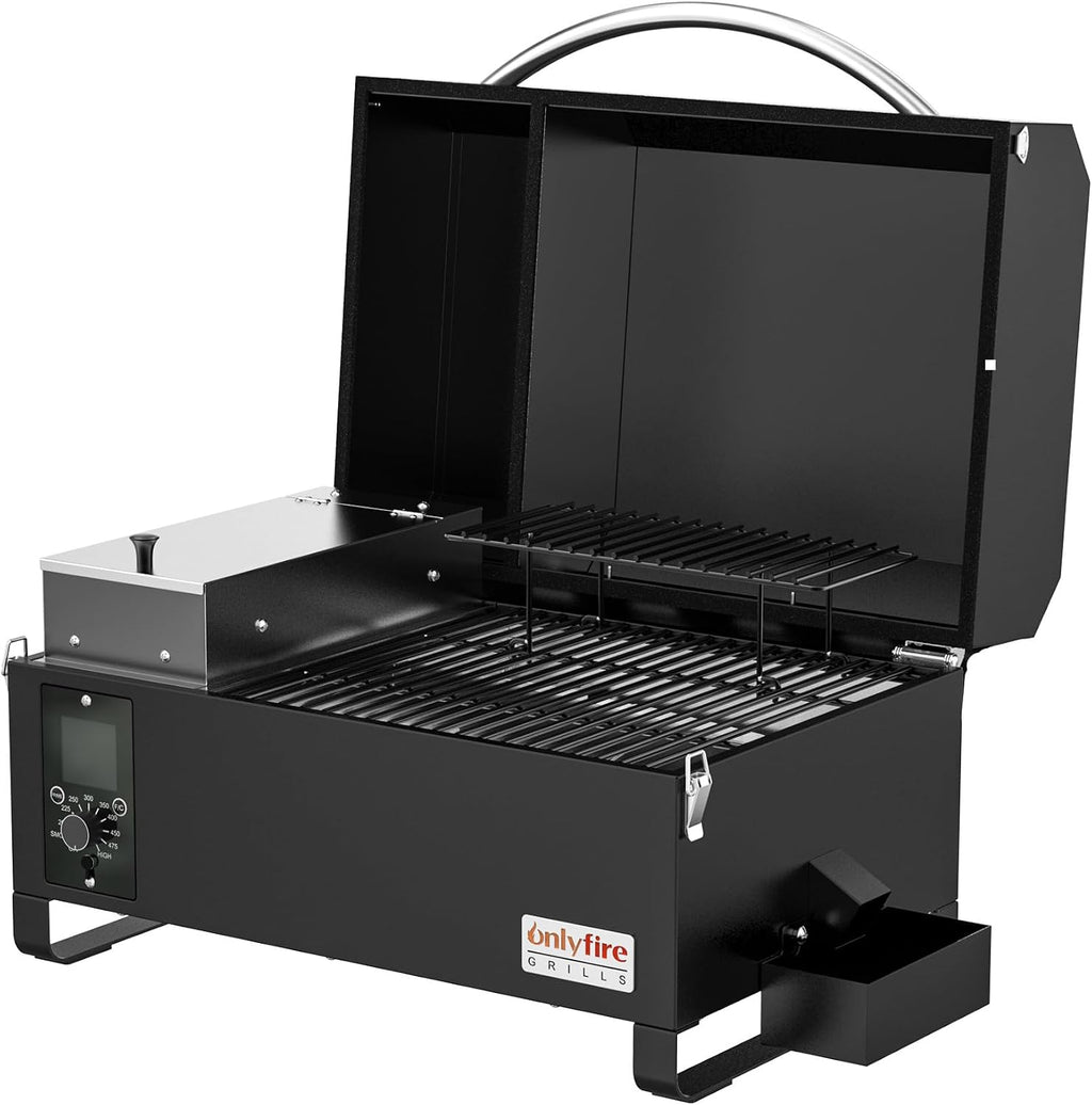 ONLYFIRE GRILLS BBQ Wood Pellet Grill Smoker with Meat Probe, 2 Tiers Cooking Area, Portable Tabletop Grilling Stove for Outdoor Kitchen Cooking Smoke and Roast, RV Camping, Black GS314