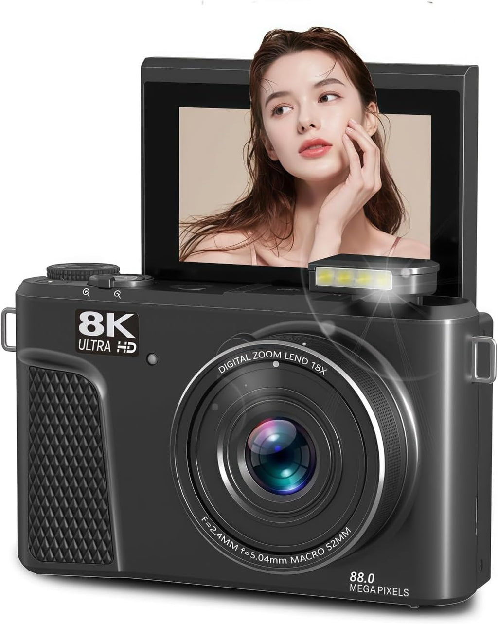 PUSOKEI 8K Digital Camera, Auto Focus 88MP Cameras for Photography, 18x Zoom WiFi Vlogging Camera, 3 inch Flip Screen, with Webcam Mode, Filter, Multiple Filters LED Fill Light (Black)