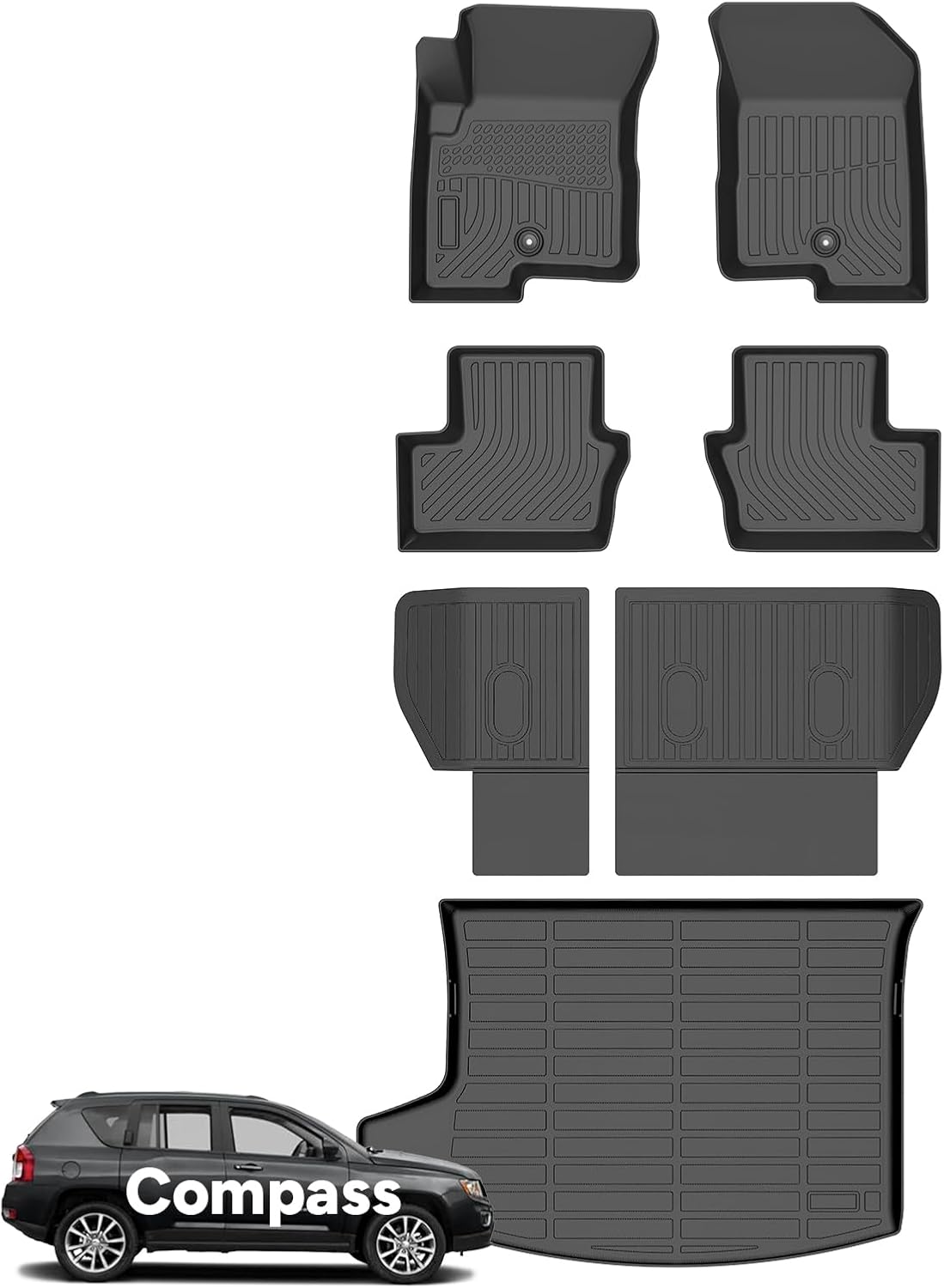 Wayhigh® Floor Mats & Backseat Cargo Liner for Jeep Compass 2007-2016, All Weather TPE Car Mats Waterproof Heavy Duty Floor Liners, Floor Mats Custom Fit for Compass Accessories