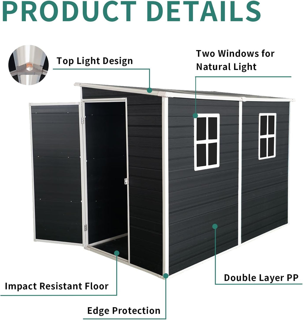 Outdoor Storage Shed with Floor Included, 4x8FT Plastic Storage Shed with Floor with 2 Windows and Lockable Door, Backyard Storage Sheds for Garden Tools, Bike