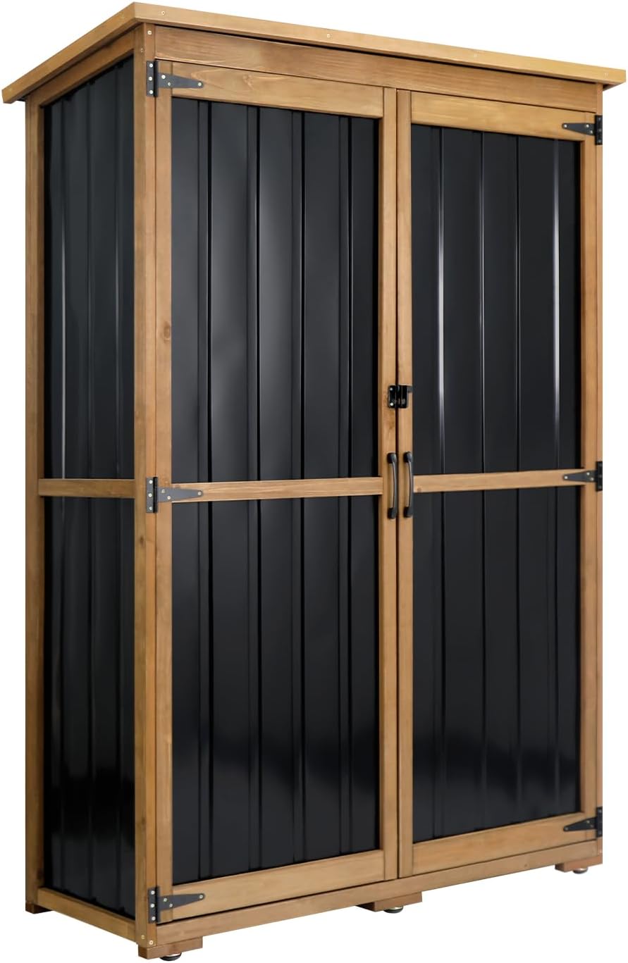 46' L Outdoor Storage Cabinet with Shelves, Wood & Metal Storage Shed with Waterproof Roof, Outside Storage Cabinet Weather-Resistant for Garage Patio Backyard Garden