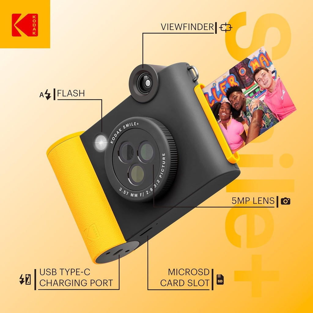 Kodak Smile+ 2-in-1 Digital Instant Print Camera & Wireless Bluetooth Photo Printer Starter Bundle + Carrying Case + Zink 20pk Sticky-Back Photo Paper - 10MP, Special-Effect Rotating Lens - Black