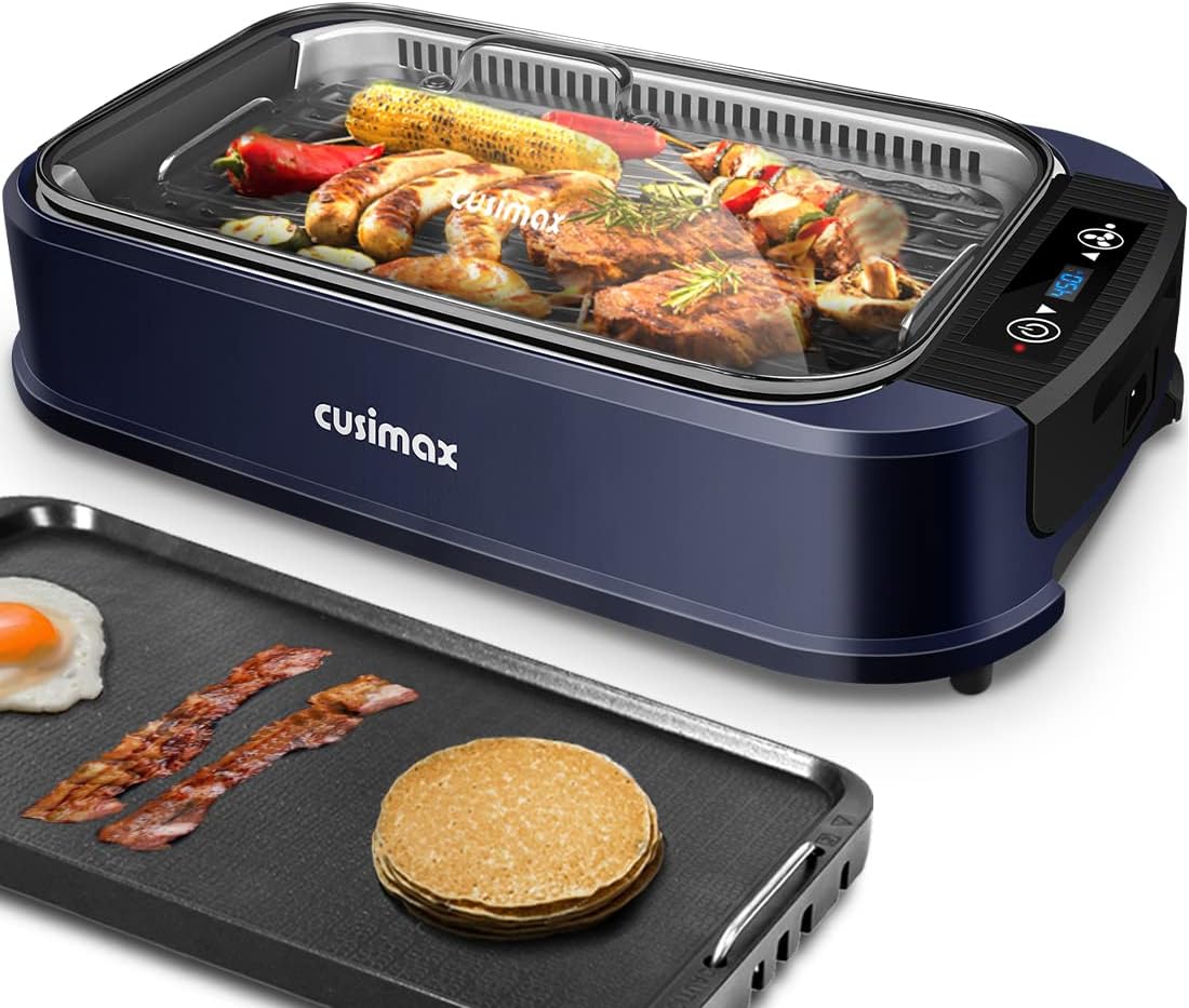 Smokeless Indoor Grill, CUSIMAX Electric Grill with Tempered Glass Lid, 1500 Indoor Grill & Flat Top Griddle for Cusimax Smokeless Grills, Pancake Griddle Plate, Dishwashe safe, Blue