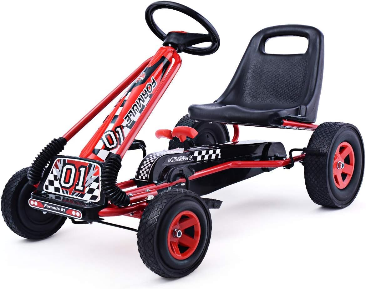 HONEY JOY Go Kart for Kids, 4 Wheel Quad Off-Road Pedal On Foot Go Cart w/Steering Wheels & Adjustable Seat, 2 Safety Brakes, EVA Tires, Clutch, Outdoor Racer Ride On Pedal Car (Red)