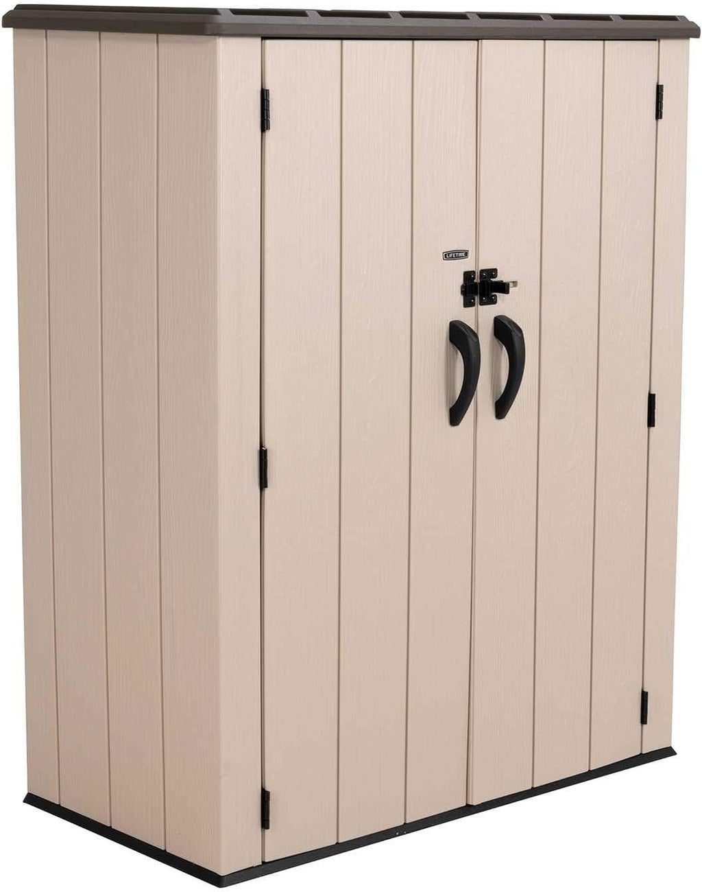 Lifetime Vertical Storage Shed, Desert Sand, Resin Outdoor Tool Shed with Lockable Doors and Weather-Resistant Panels