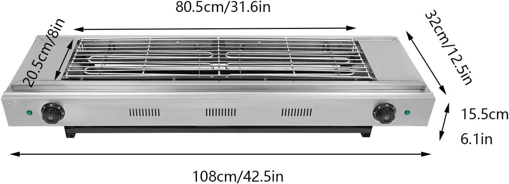 DYRABREST Electric Portable BBQ Grill 3000W Dual-Head Temperature Control Stainless Steel Griller with Large 31.6x20.5 Inch Cooking Surface, 110V Outdoor Grill for Steak, Chicken, Vegetables (Silver)
