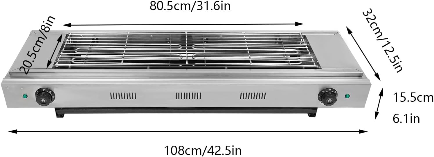 DYRABREST Electric Portable BBQ Grill 3000W Dual-Head Temperature Control Stainless Steel Griller with Large 31.6x20.5 Inch Cooking Surface, 110V Outdoor Grill for Steak, Chicken, Vegetables (Silver)