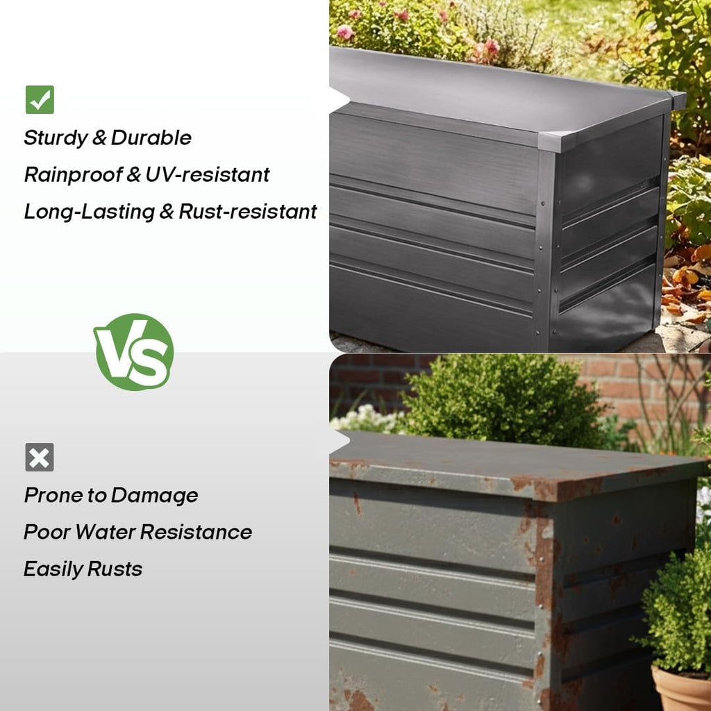 260 Gallon Waterproof Outdoor Storage Box, Extra Large Outside Metal Deck Storage Box for Patio Cushions, Garden Tools, Pool Supplies, Light Gray