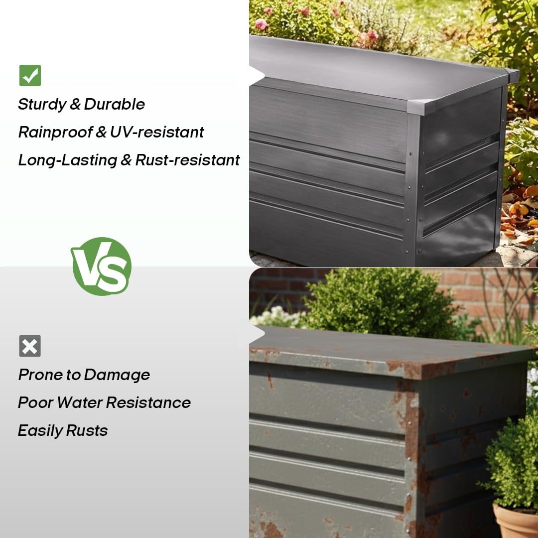 260 Gallon Waterproof Outdoor Storage Box, Extra Large Outside Metal Deck Storage Box for Patio Cushions, Garden Tools, Pool Supplies, Light Gray