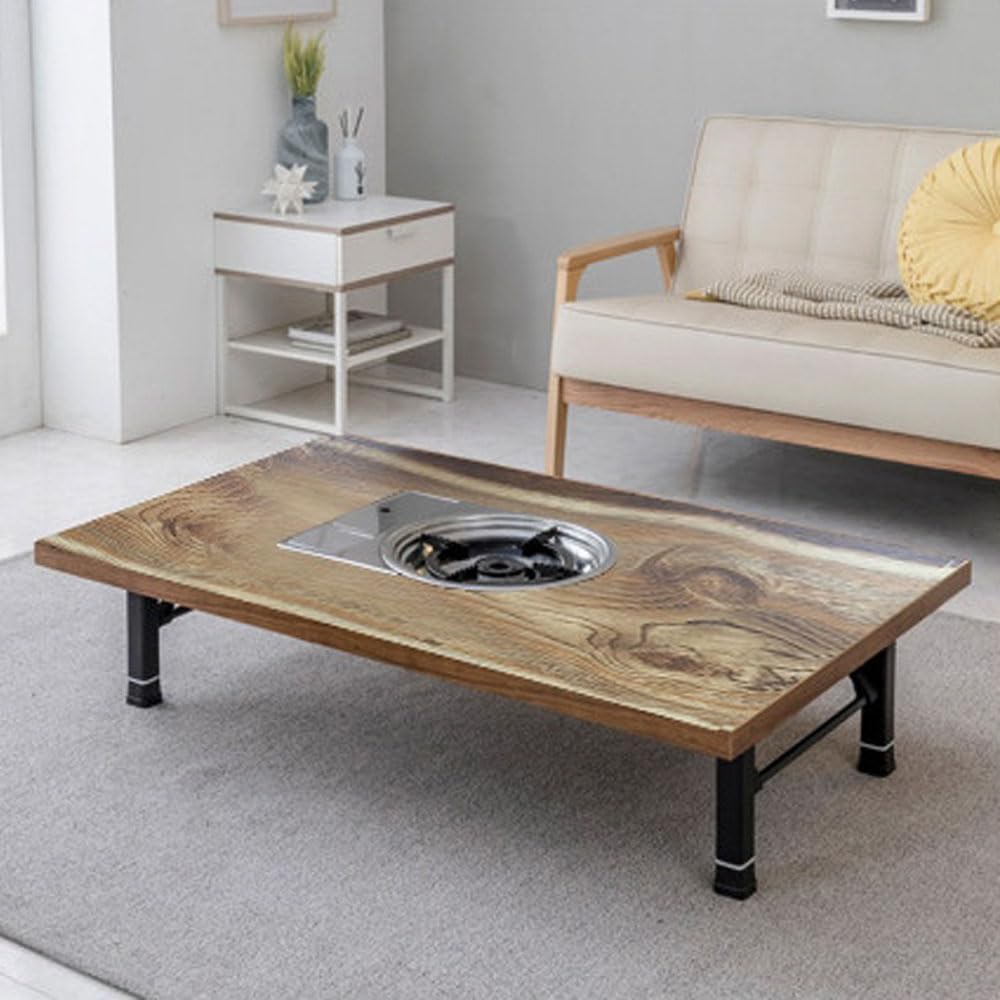 Korean BBQ Grill Table, Low Floor Folding Dining Table with Built-in Gas Stove, Portable Tatami Style for Indoor Cooking, Made in Korea (Log)