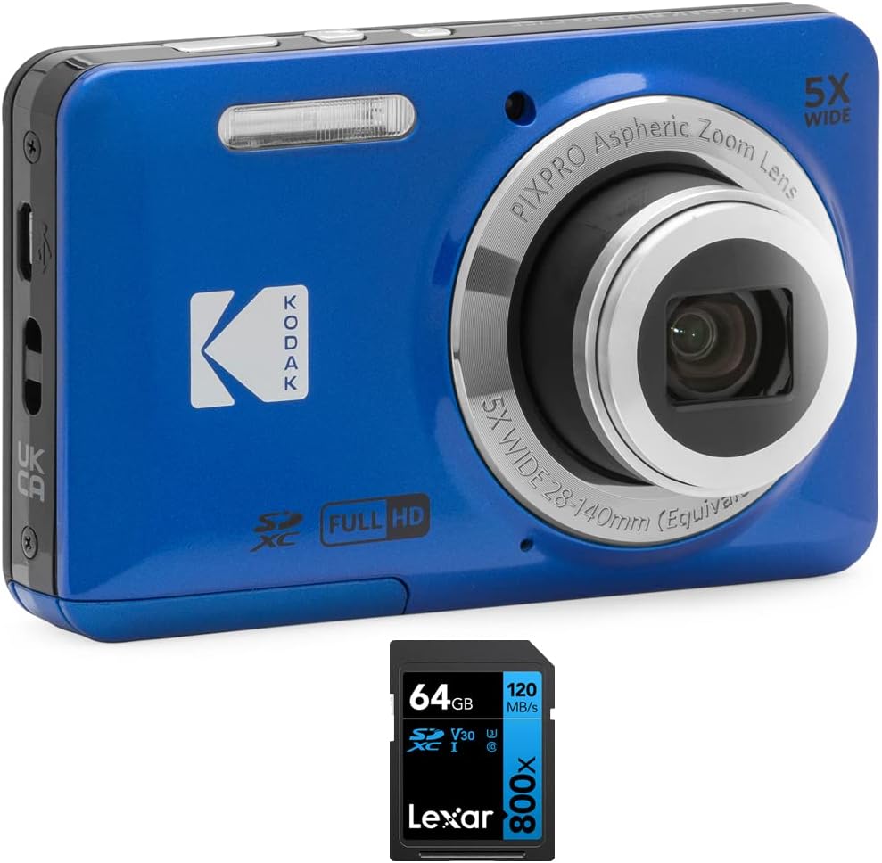 Kodak FZ55BL PIXPRO Digital Camera Blue Bundle with Lexar 64GB High-Performance 800x UHS-I SDHC Memory Card Blue Series