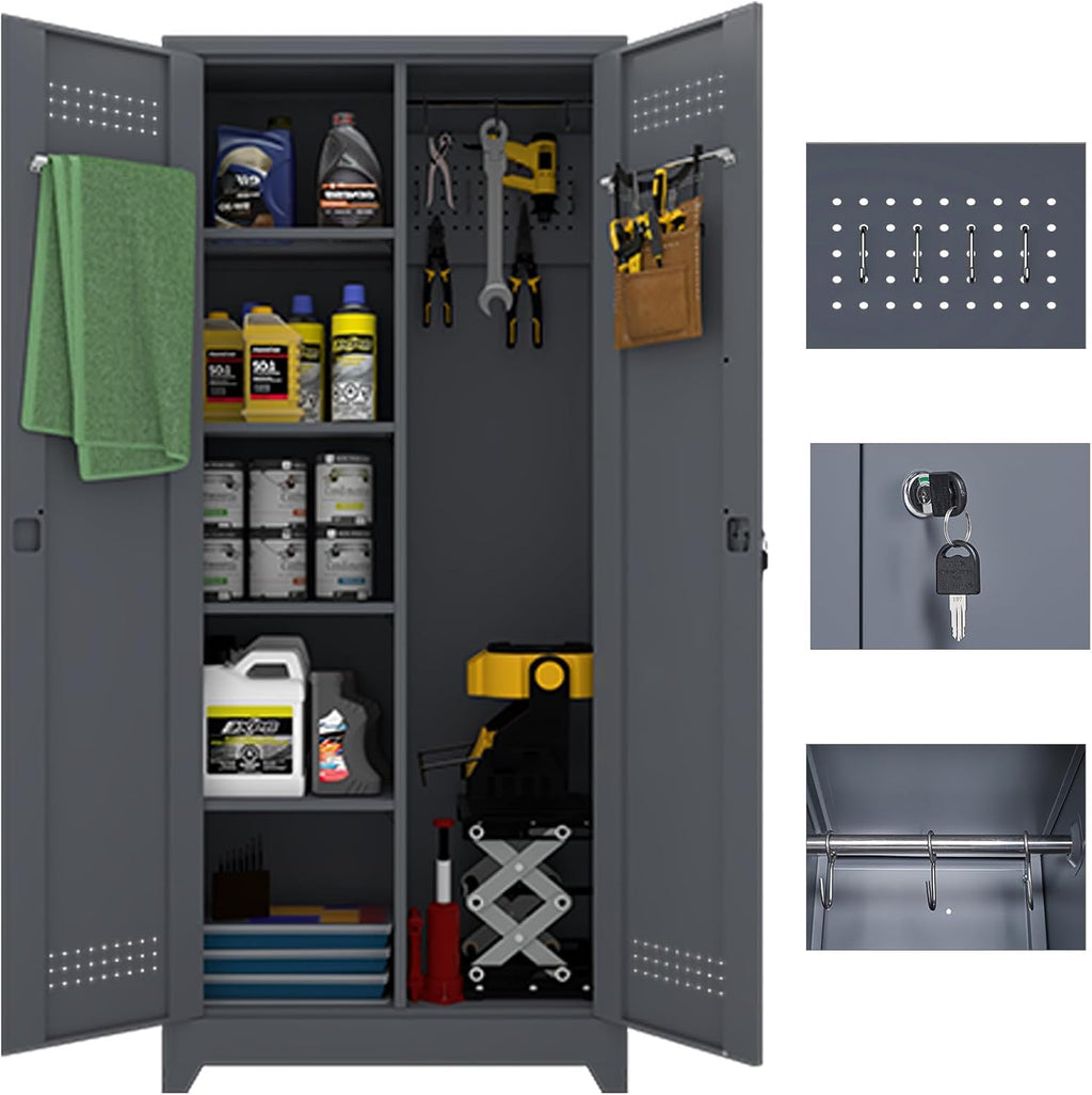 IRONFFICE Metal Garage Storage Cabinets,Metal Broom Closet Storage Cabinet,Utility Cabinets for Brooms and Mops,Steel Tall Cabinet with Shelves for Laundry Room,Bathroom,Home,Grey