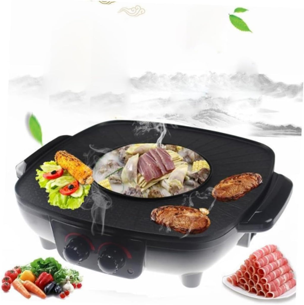 PRETYZOOM Electric Grill Cooker Hot Pot Divider Bbq Machine Smokeless Hot Pot Indoor Electric Grill Non-stick Coating Sturdy Lid