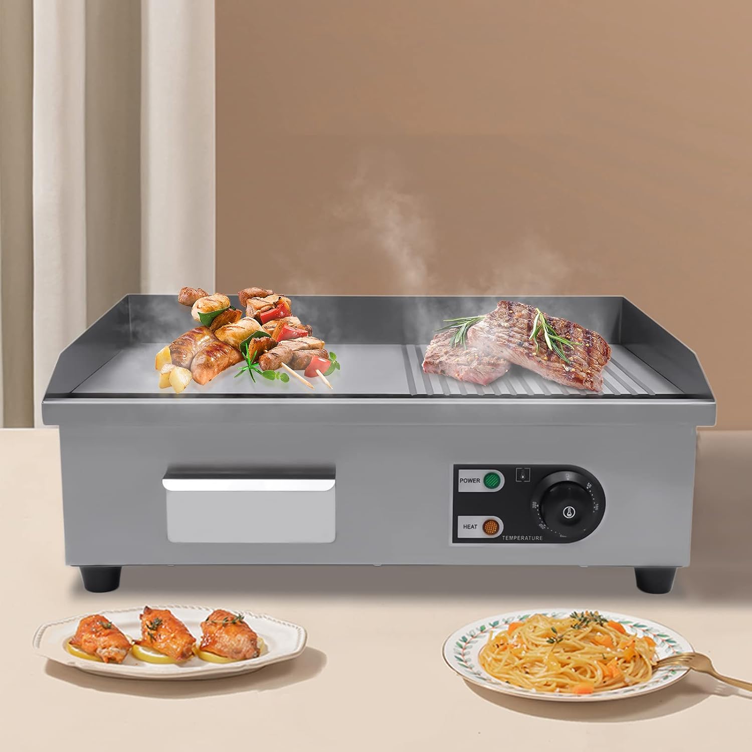22' Commercial Electric Griddle Countertop Flat Top Griddle Stainless Steel Hibachi Teppanyaki Grill BBQ Plate 122-572℉ Adjustable Temp Control for Restaurant Kitchen,110V (1600W-1)