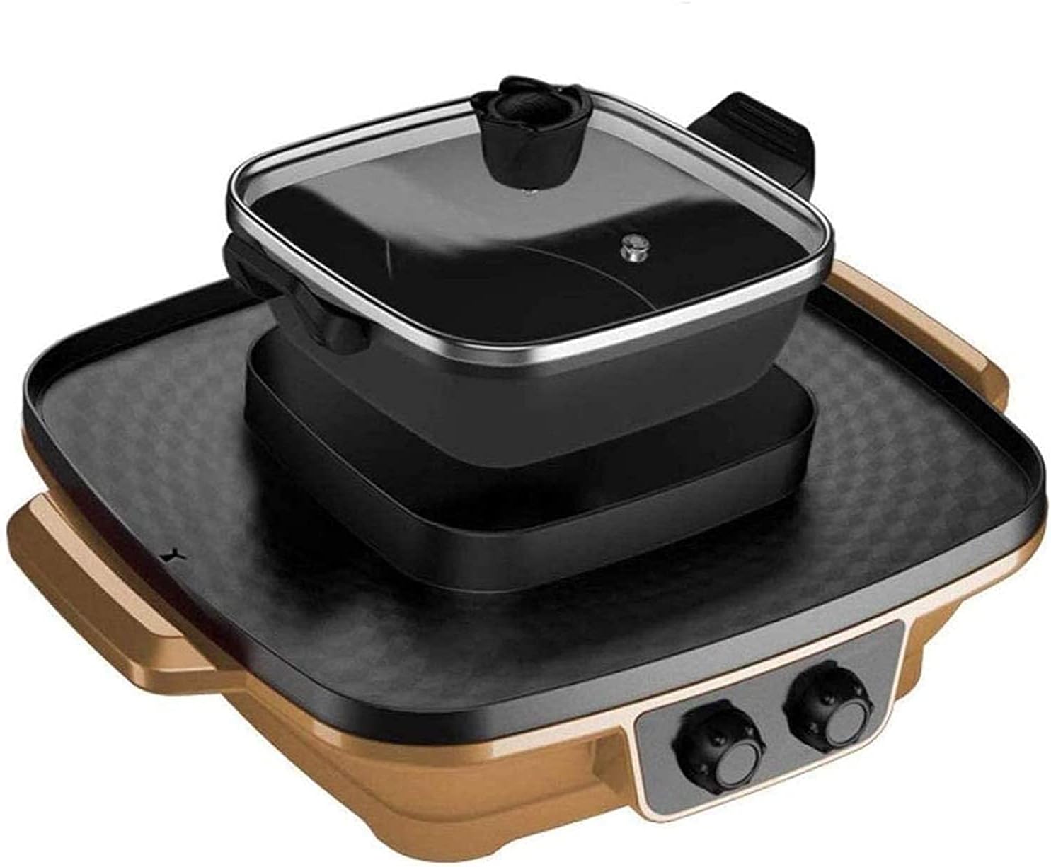 Electric BBQ Grill Indoor Electric Griddle Grill Teppanyaki BBQ Hot Plate Camping, Non Stick, Adjustable Temperature 2200W (Color : Gold, Size : Detachablepot)